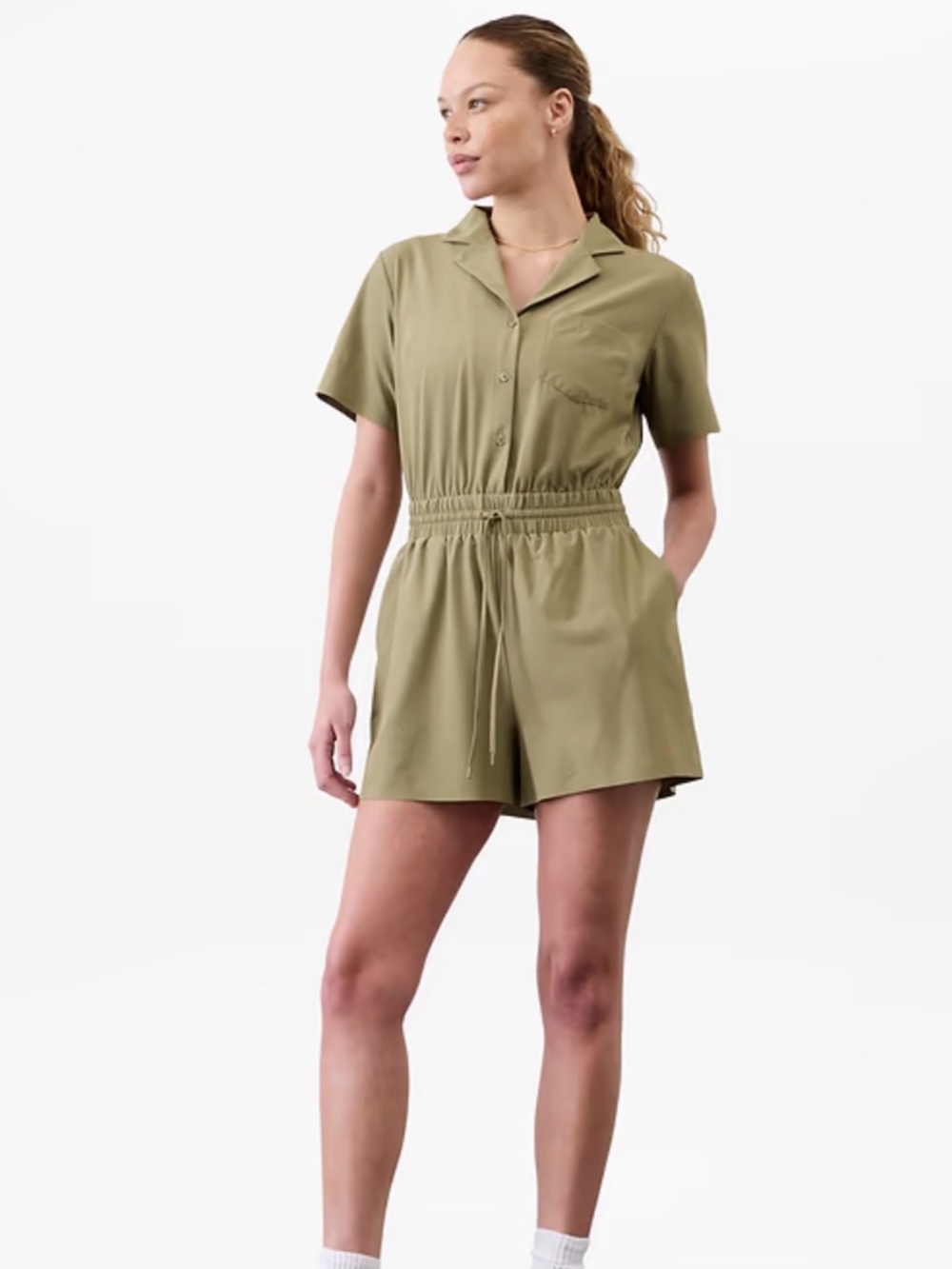 Athleta Avenue Olive Green Short Sleeve Drawstring Romper size Medium